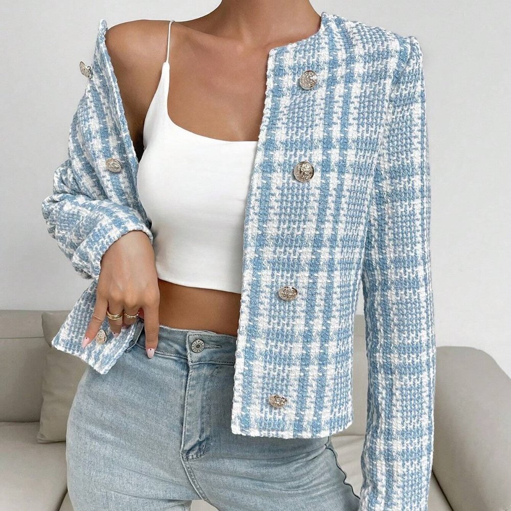 Blue Preppy Womens Plaid Pattern Open Front Overcoat